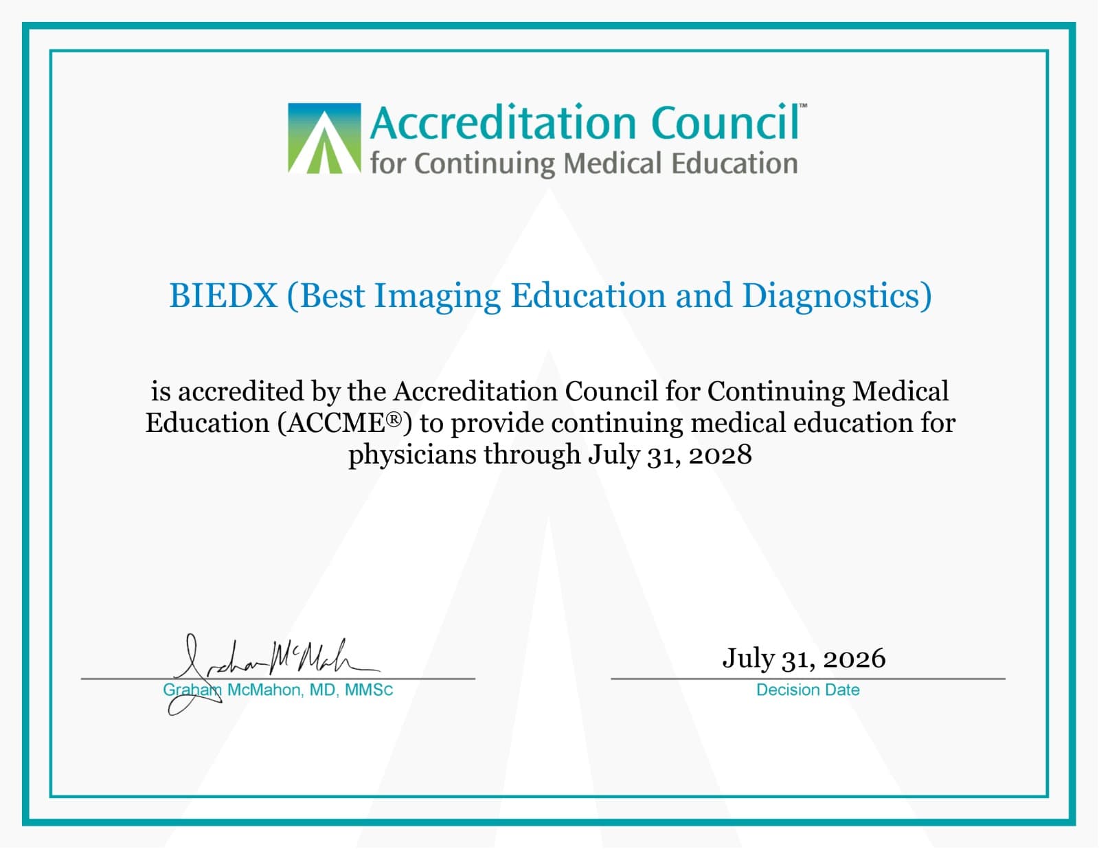 ACCME accreditation certificate awarded to BIEDX (Best Imaging Education and Diagnostics)